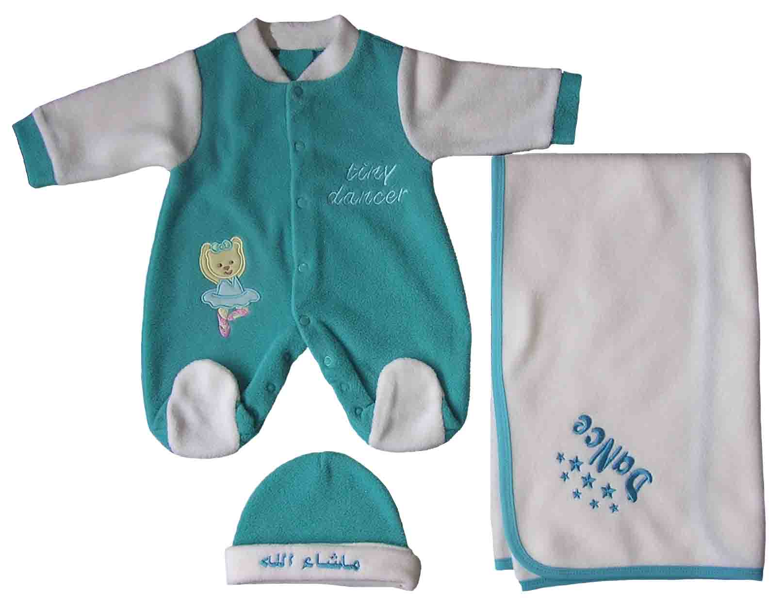 Baby long sleeve & emb overall + emb.blanket + cap 3pcs set