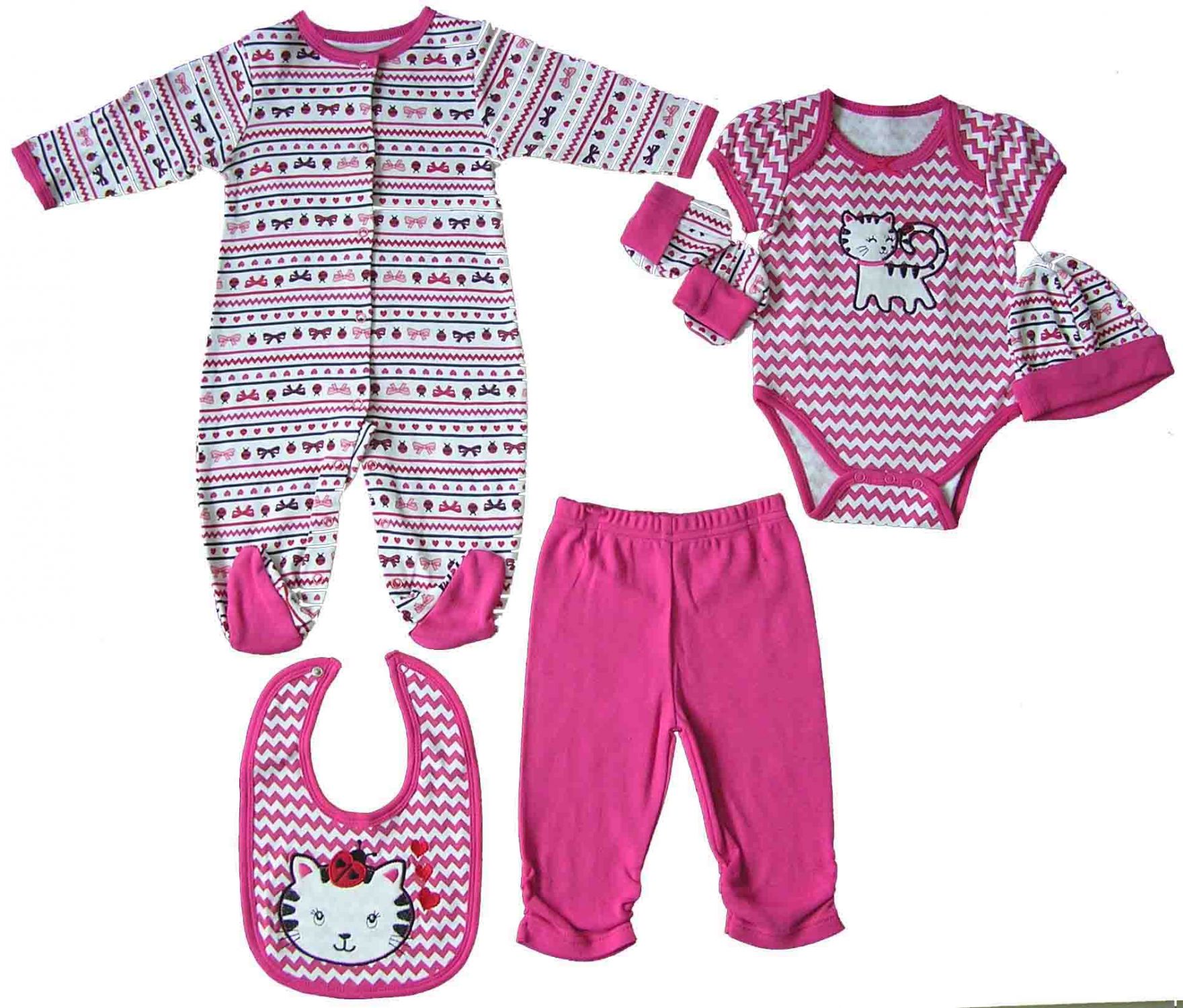 Baby long sleeve printing overall + short sleeve bodysuit +long pant + printing bib/cap/mittens 6pcs set